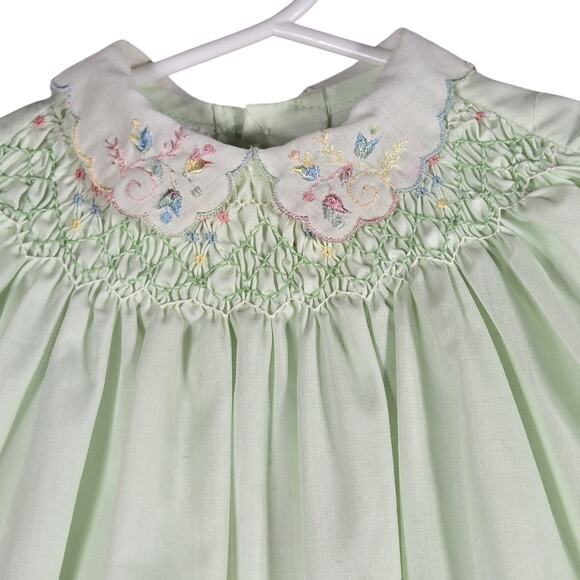 Polly Flinders Baby Dress 12M Green Hand Smocked Embroidered Vintage Ruffle Hem - Picture 2 of 9